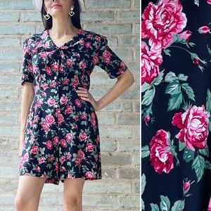 Vintage Floral Romper 90s Rampage Black Pink Collar Playsuit Shorts Cotton
